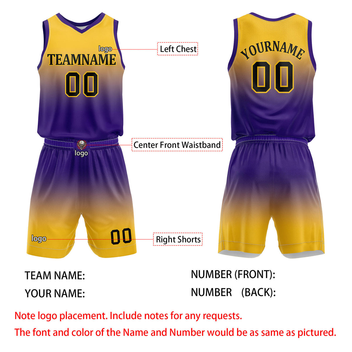 Custom Yellow & Purple Gradient Basketball Jersey + Shorts Set - Personalized Team Name, Number | Vosoli
