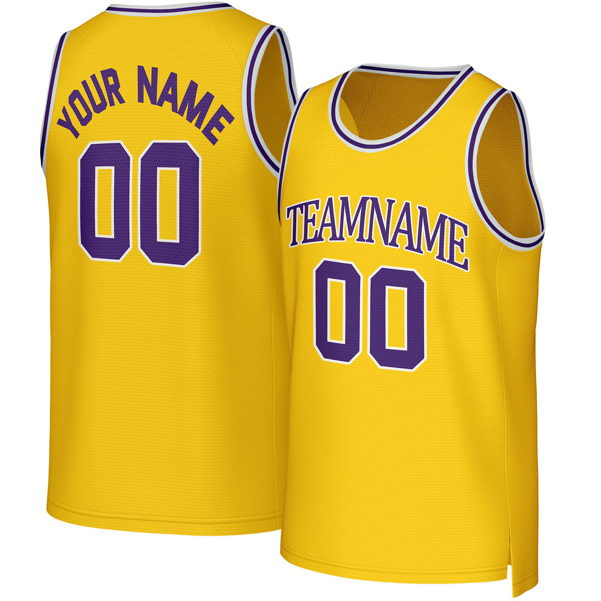 Custom yellow & purple basketball jersey by Vosoli. Personalized with team name, player name, number, and logo. Breathable mesh jersey for high school, college, AAU teams.