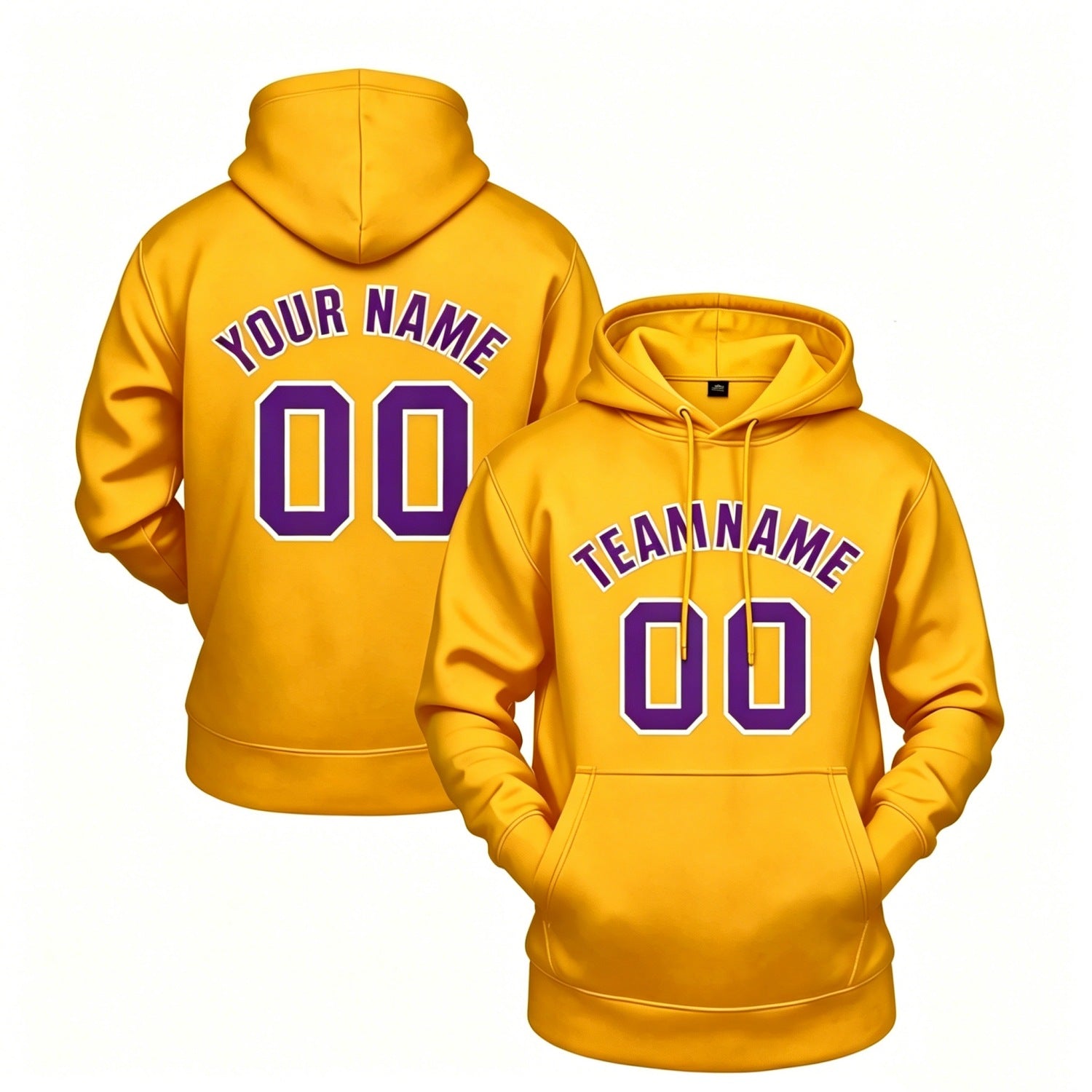 Custom yellow hoodie with purple print, personalized name & number pullover, casual sports hoodie for men women youth fan wear - Vosoli
