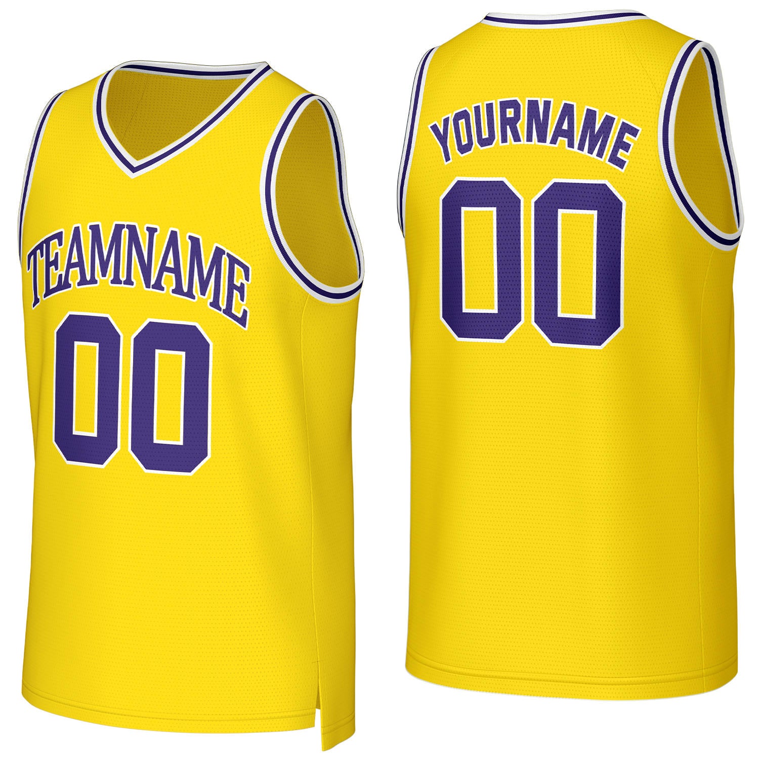 Custom yellow & purple basketball jersey by Vosoli | Personalized stitched team name, number & logo | Breathable mesh sport jersey