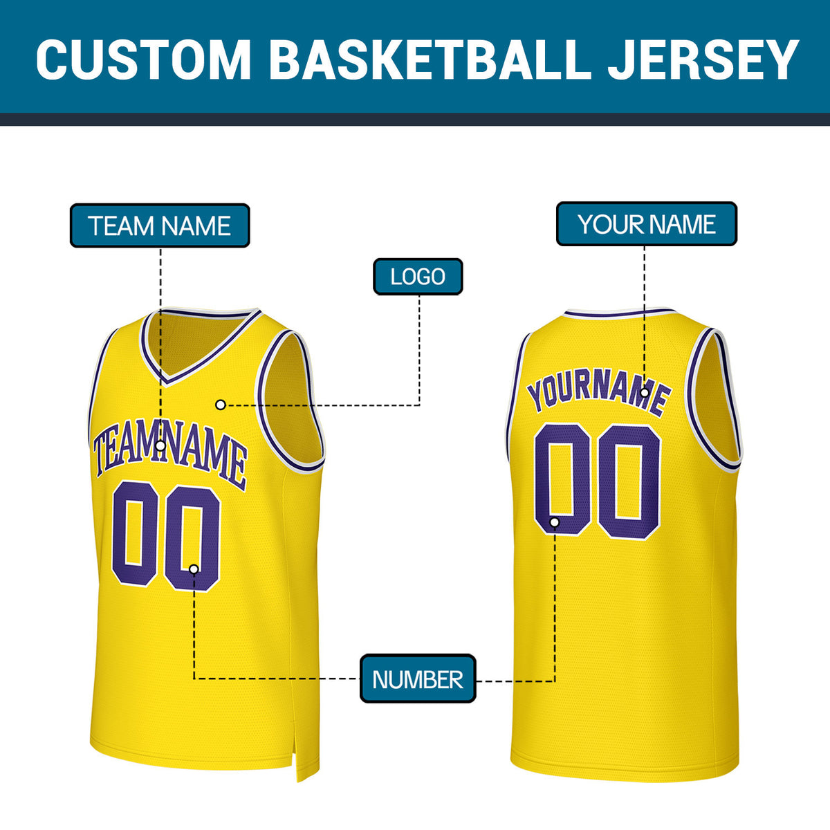 Custom Yellow Purple Stitched Basketball Jersey | Personalized Name Number Logo Mesh Sports Jersey