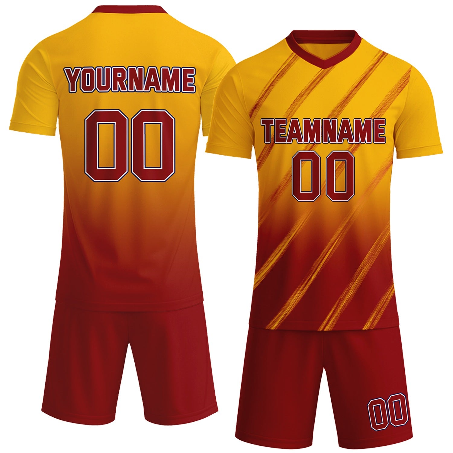 Custom yellow & red gradient soccer jersey set, personalized name number team logo, short-sleeve jersey with matching shorts sports uniform for men women youth adult game practice - Vosoli