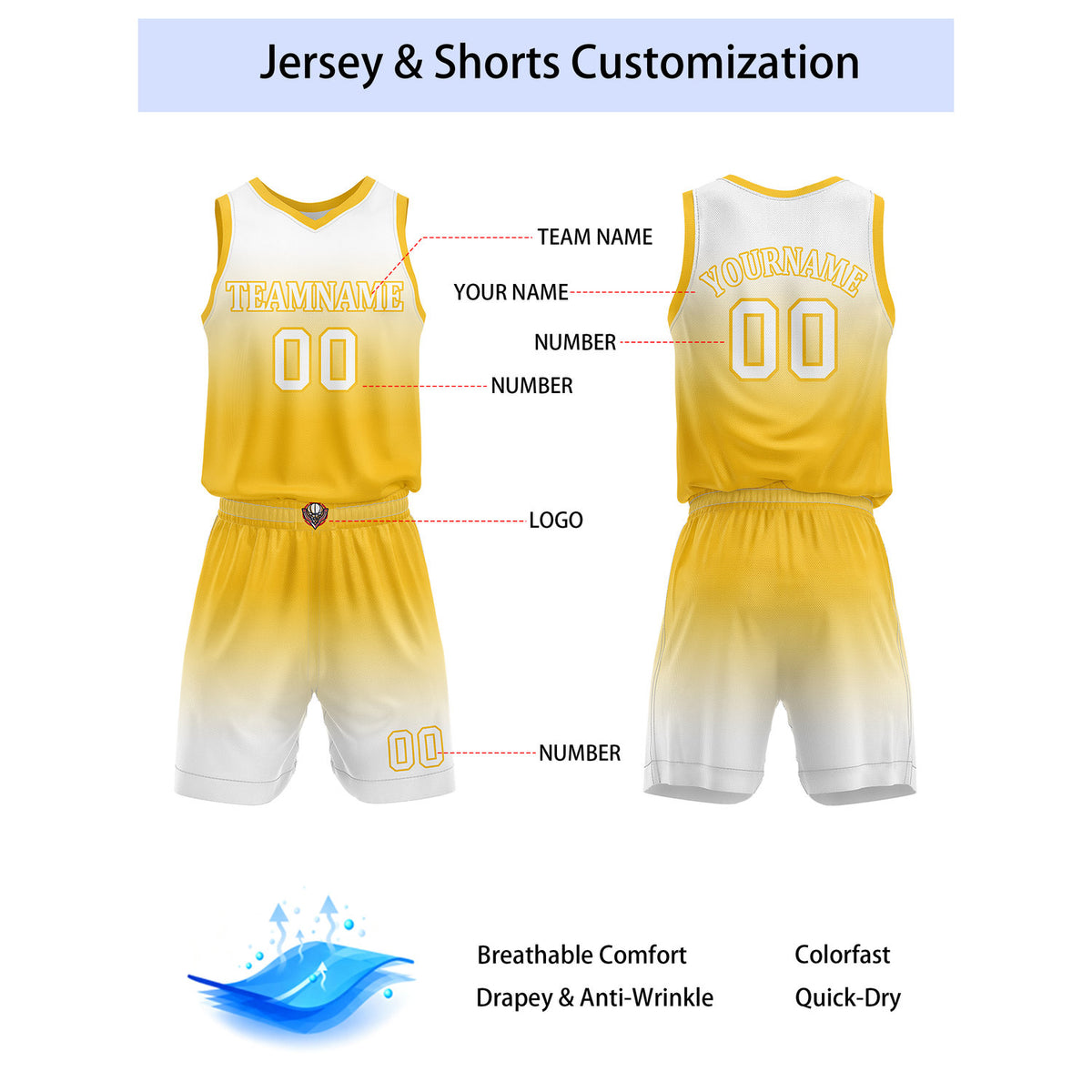 Custom Yellow & White Gradient Basketball Jersey + Shorts Set - Personalized Team Name, Number | Vosoli