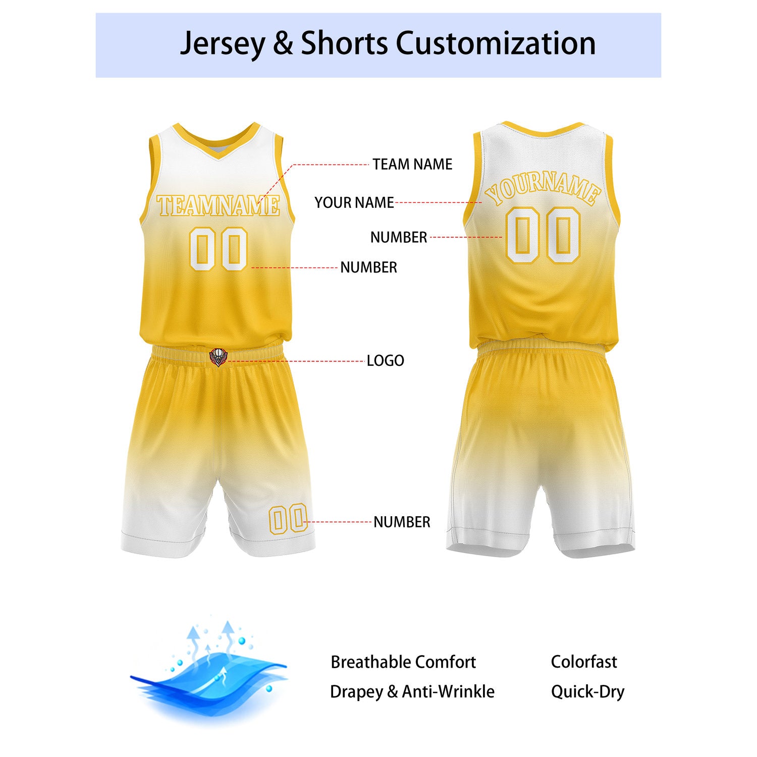 Custom Yellow & White Gradient Basketball Jersey + Shorts Set - Personalized Team Name, Number | Vosoli
