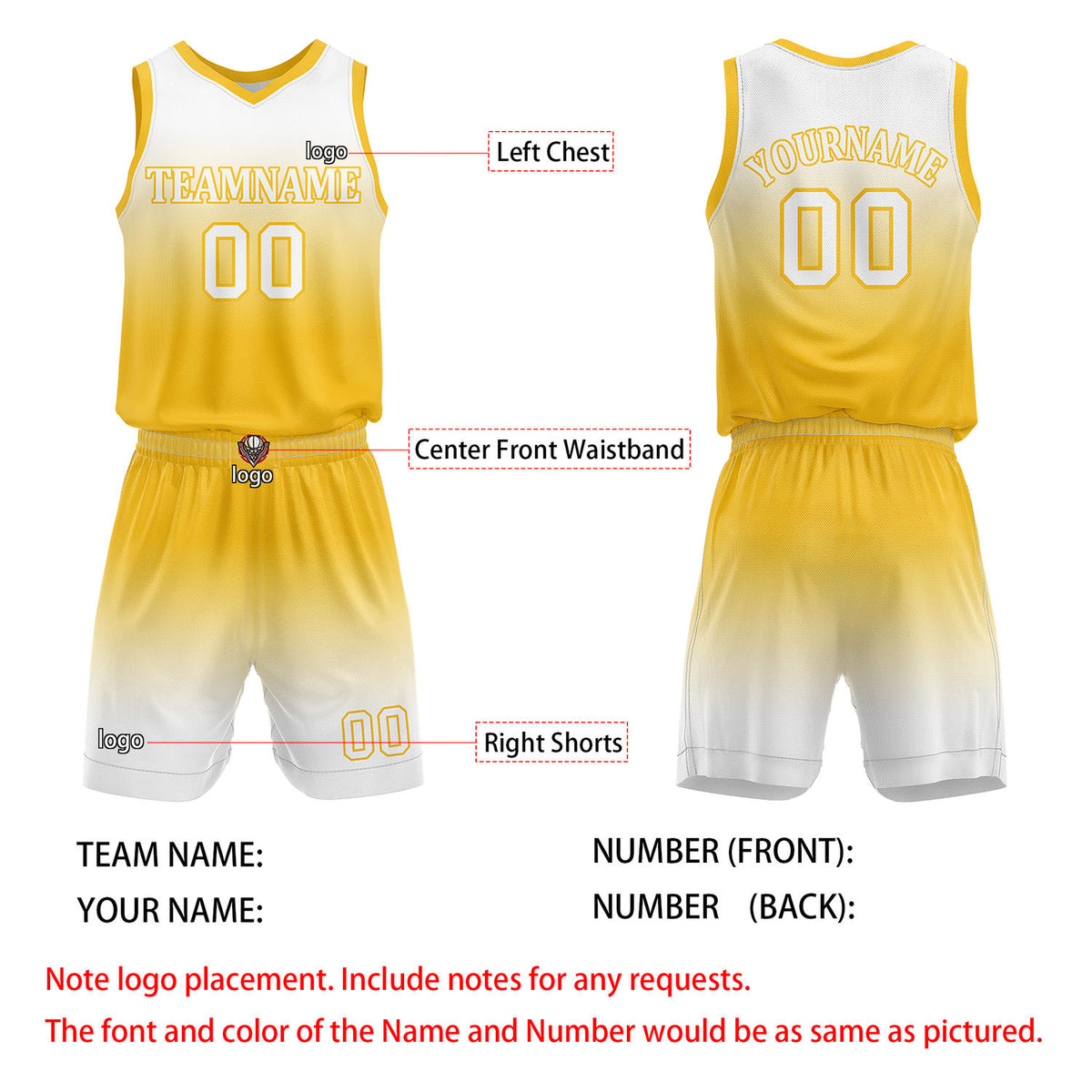 Custom Yellow & White Gradient Basketball Jersey + Shorts Set - Personalized Team Name, Number | Vosoli