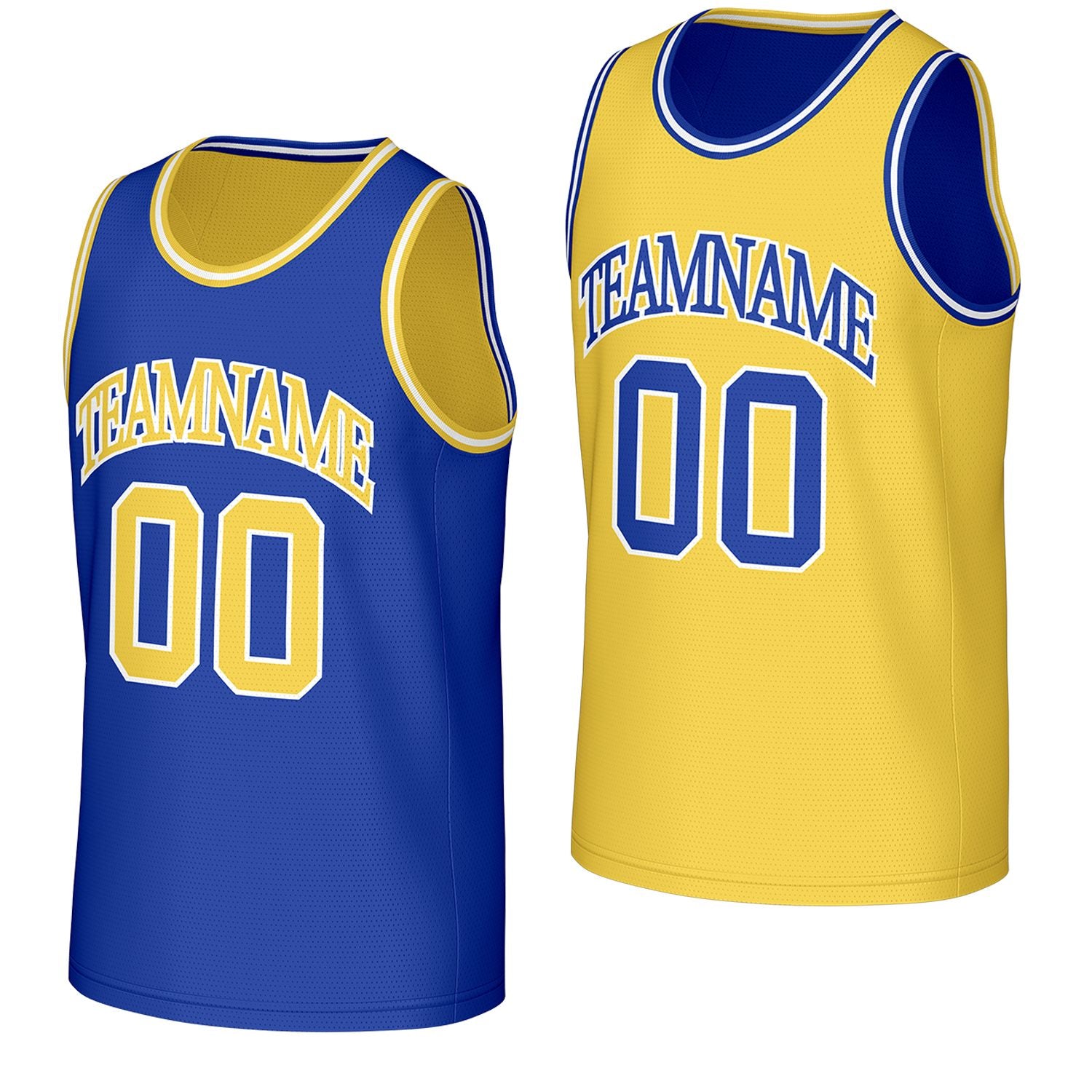 custom youth basketball jerseys blue yellow reversible by Vosoli, personalized team name, number & logo, breathable mesh dual sided basketball jersey for youth team games