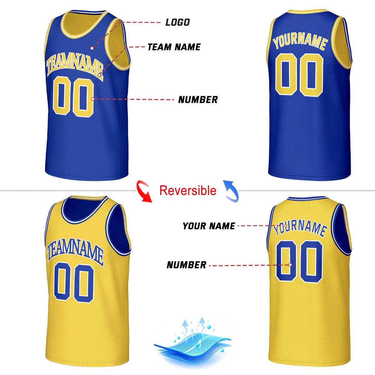 Custom Classic Double Trim Reversible Basketball Jersey Blue & Yellow Mesh Team Uniform for Adult Youth