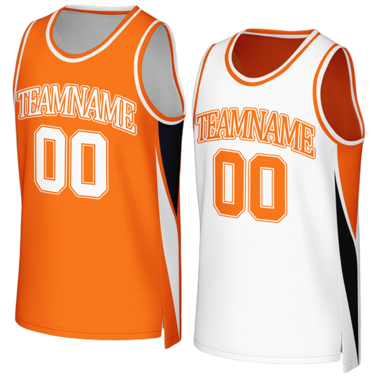 Custom youth basketball reversible orange‑white jersey by Vosoli, personalized team name, number & logo on both sides, breathable mesh 2‑in‑1 for youth, high school and AAU teams