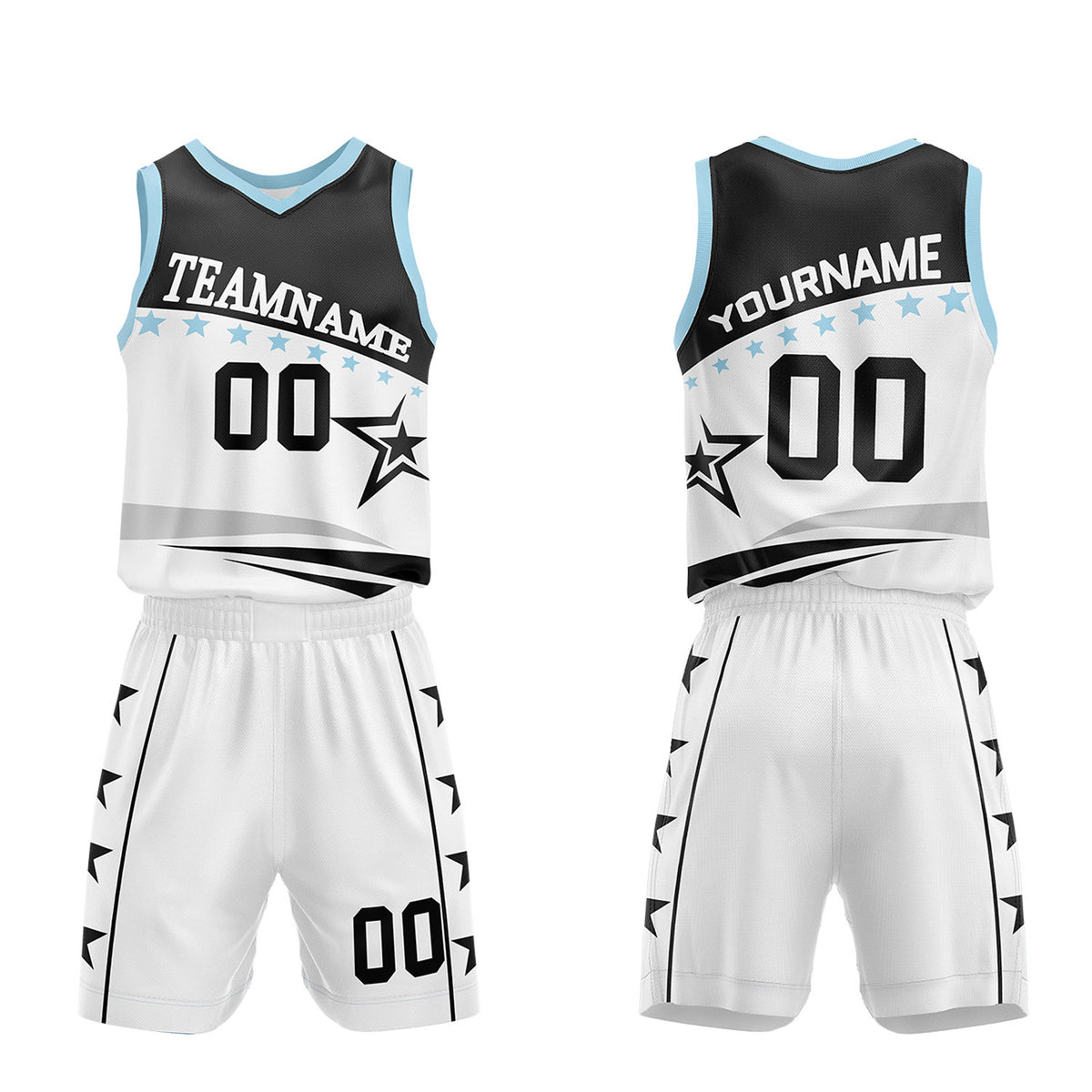 Custom youth basketball uniforms set, black white star sublimated jersey and shorts with personalized team name, player number and logo, breathable quick dry mesh for kids games.