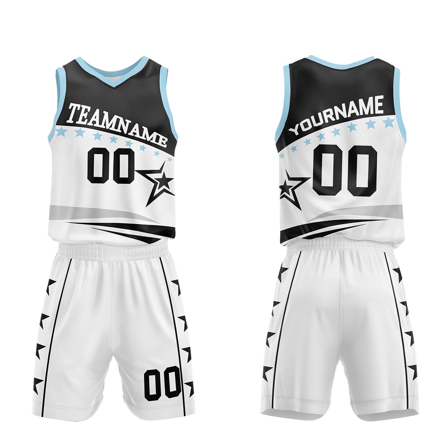 Custom youth basketball uniforms set, black white star sublimated jersey and shorts with personalized team name, player number and logo, breathable quick dry mesh for kids games.