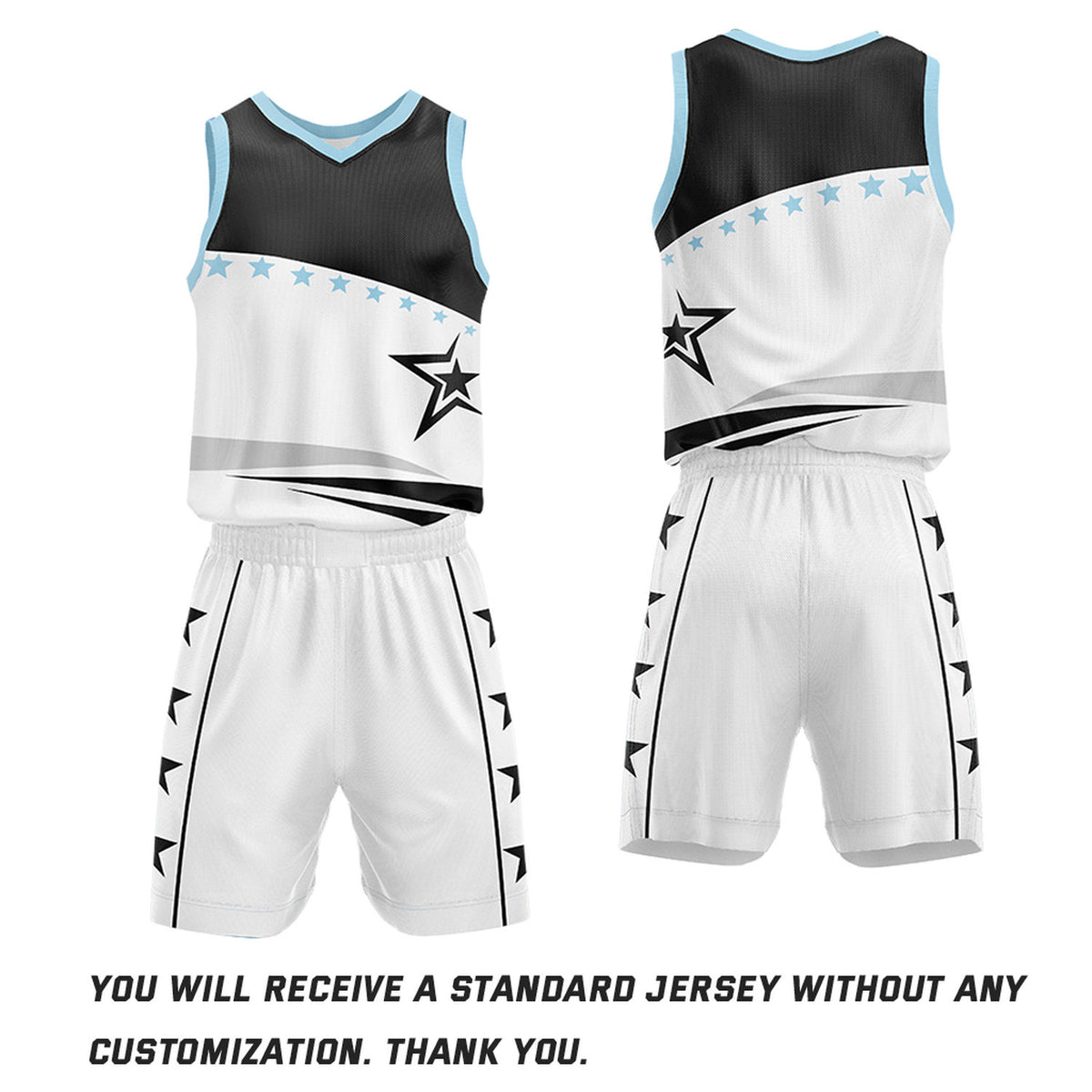 Custom Basketball Jerseys and Shorts Set | Black White Star V-Neck Sublimated Team Uniform