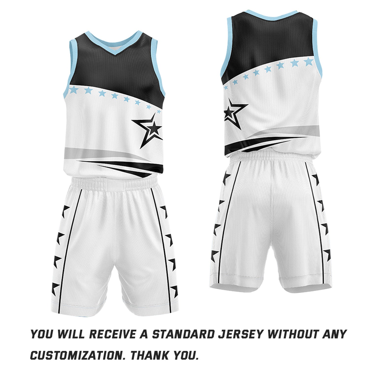 Custom Basketball Jerseys and Shorts Set | Black White Star V-Neck Sublimated Team Uniform