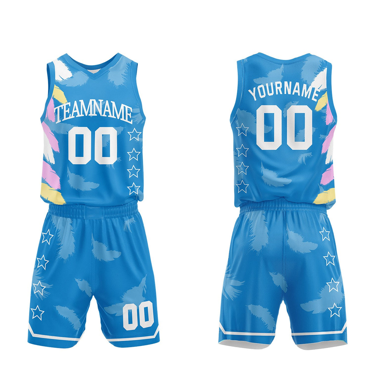 Custom youth basketball uniforms set, blue feather sublimated jersey and shorts with personalized team name, player number and logo, breathable quick dry mesh for kids games.