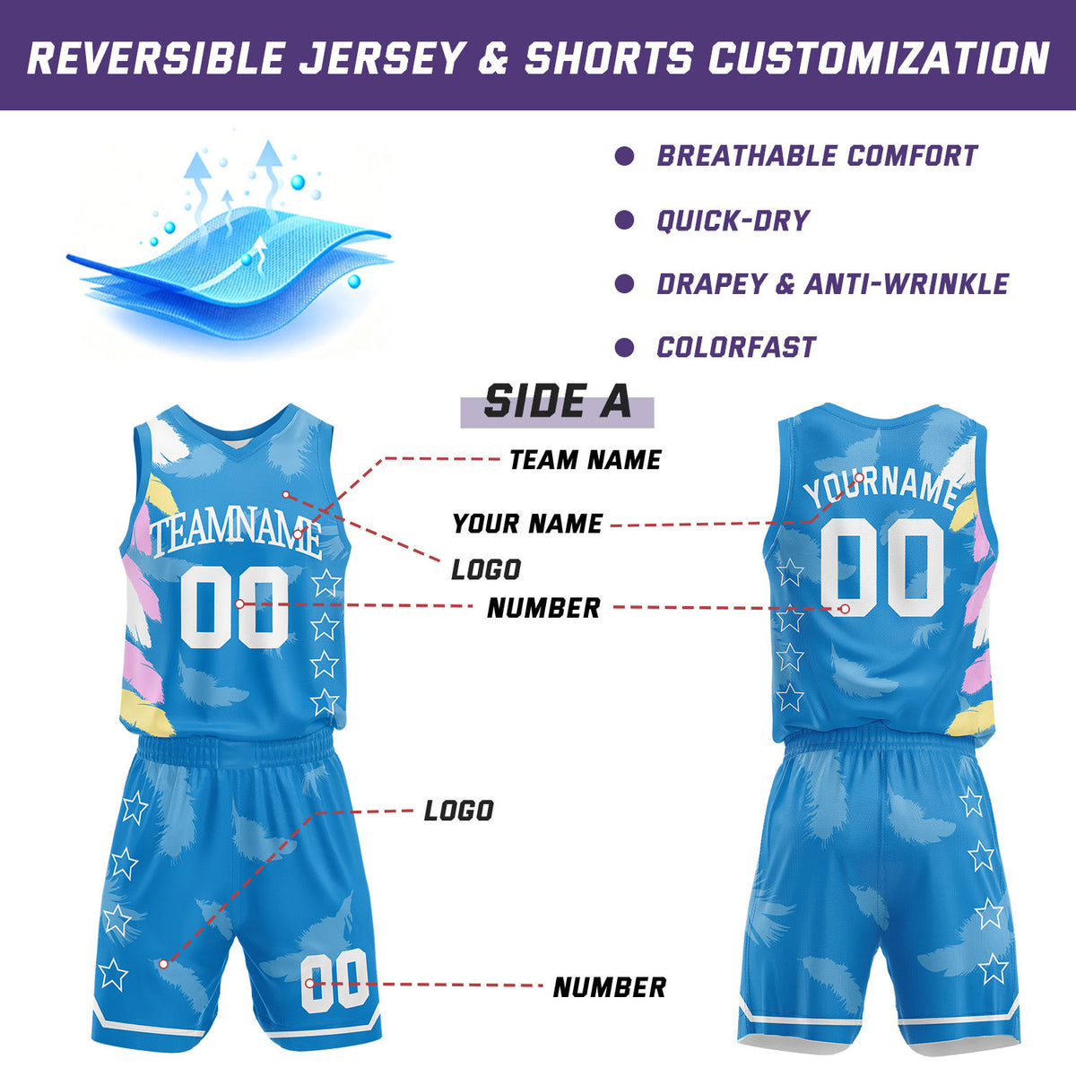 Custom Basketball Jerseys and Shorts Set | Blue Feather V-Neck Sublimated Team Uniform