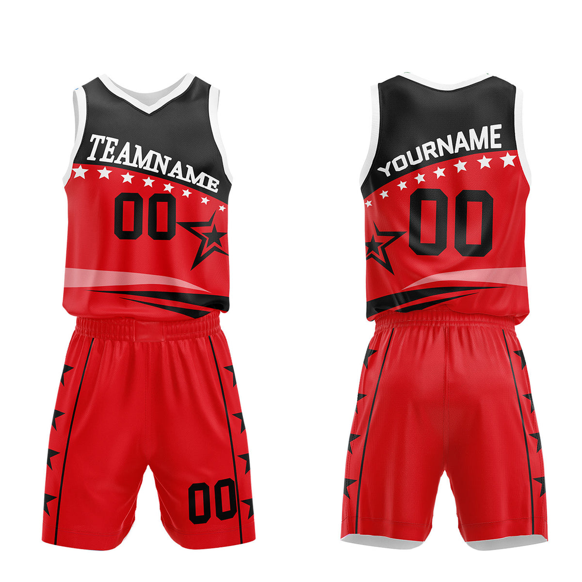 Custom youth basketball uniforms set, red black star sublimated jersey and shorts with personalized team name, player number and logo, breathable quick dry mesh for kids games.
