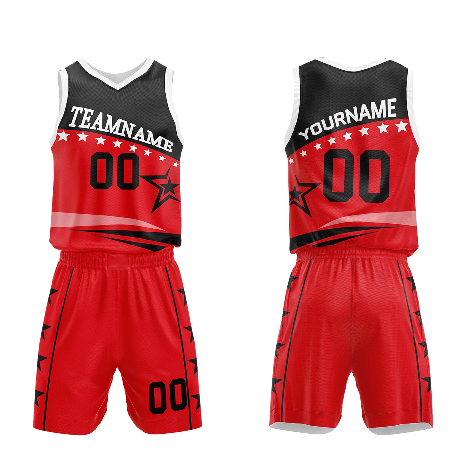Custom youth basketball uniforms set, red black star sublimated jersey and shorts with personalized team name, player number and logo, breathable quick dry mesh for kids games.