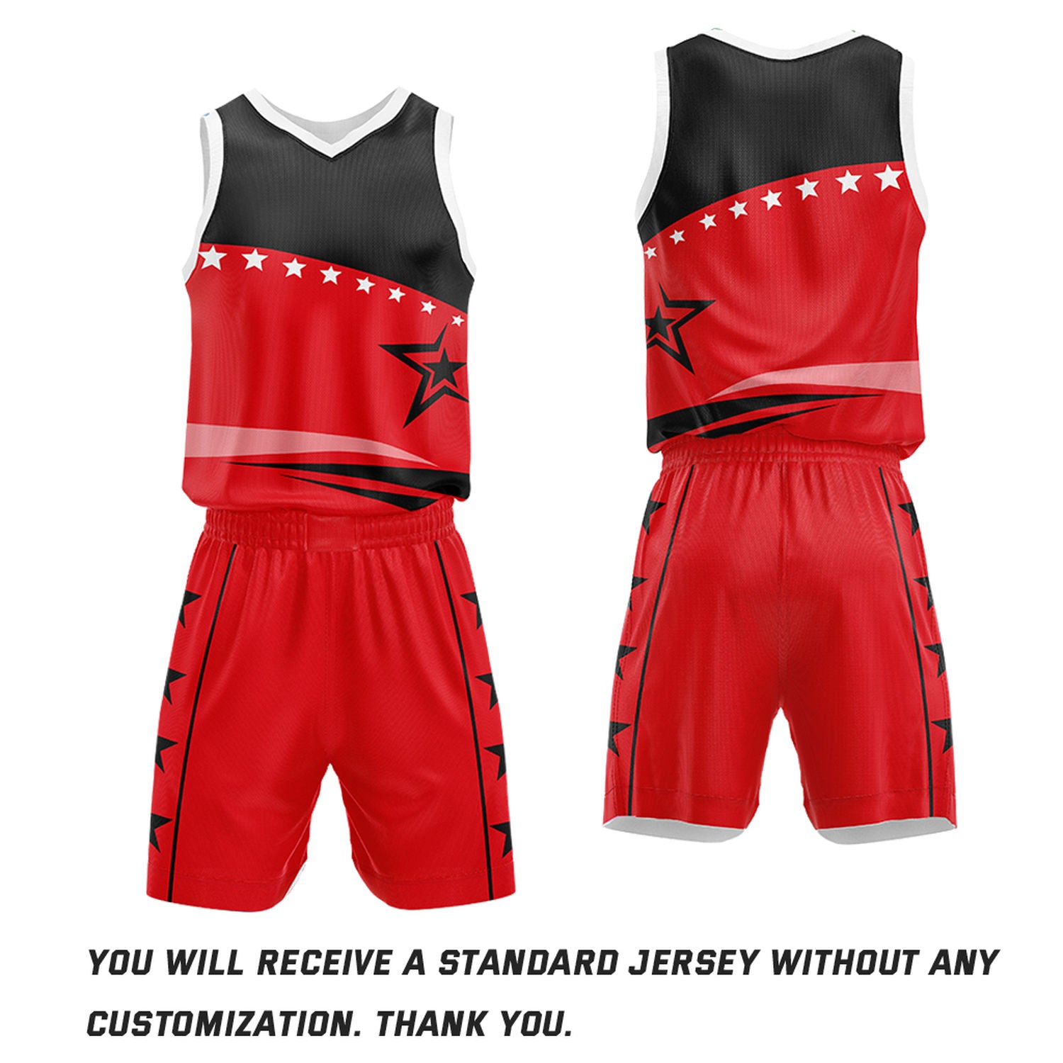 Custom Basketball Jerseys and Shorts Set | Red Black Star V-Neck Sublimated Team Uniform