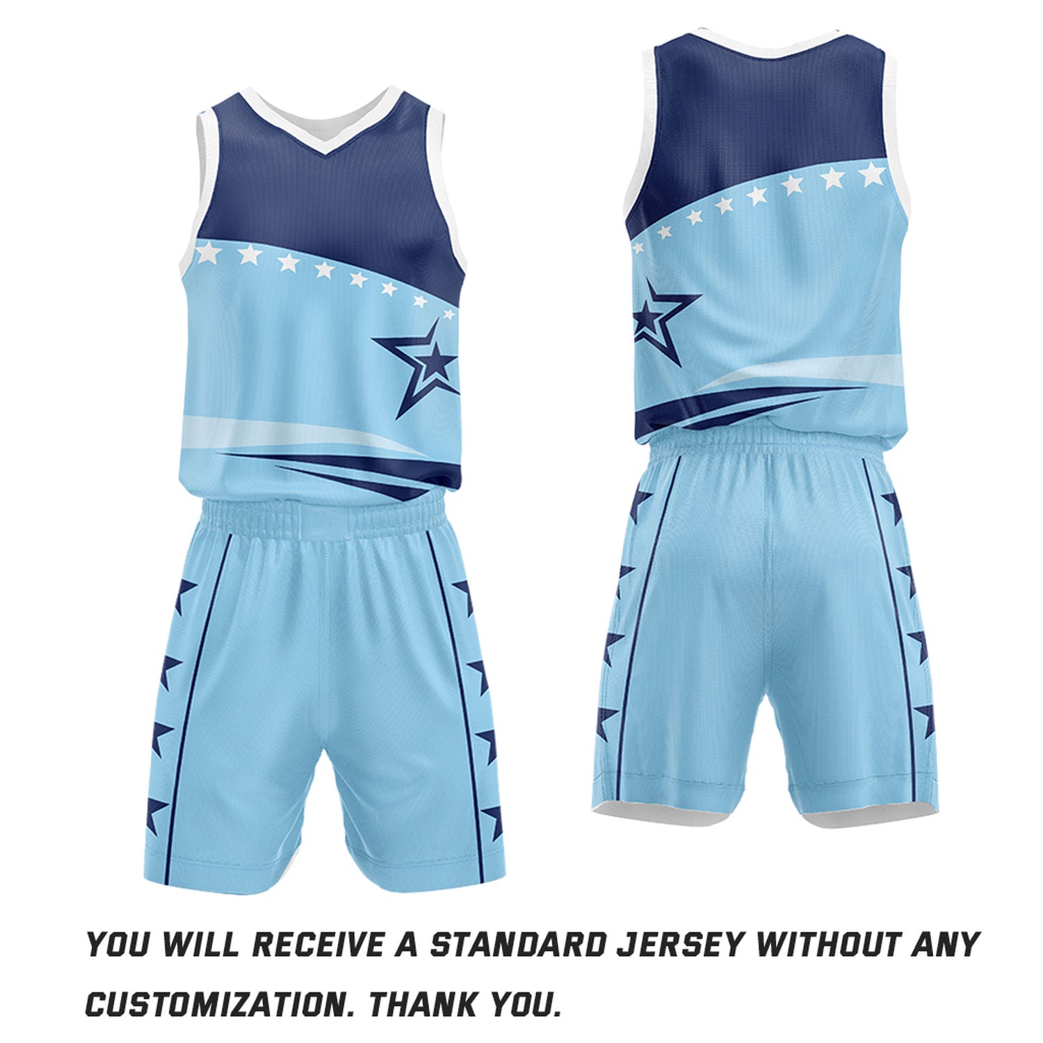 Custom Basketball Jerseys and Shorts Set | Light Blue Navy Star V-Neck Sublimated Team Uniform