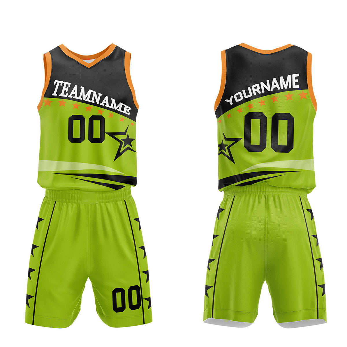 Custom youth basketball uniforms set, neon green black star sublimated jersey and shorts with personalized team name, player number and logo, breathable quick dry mesh for kids games.
