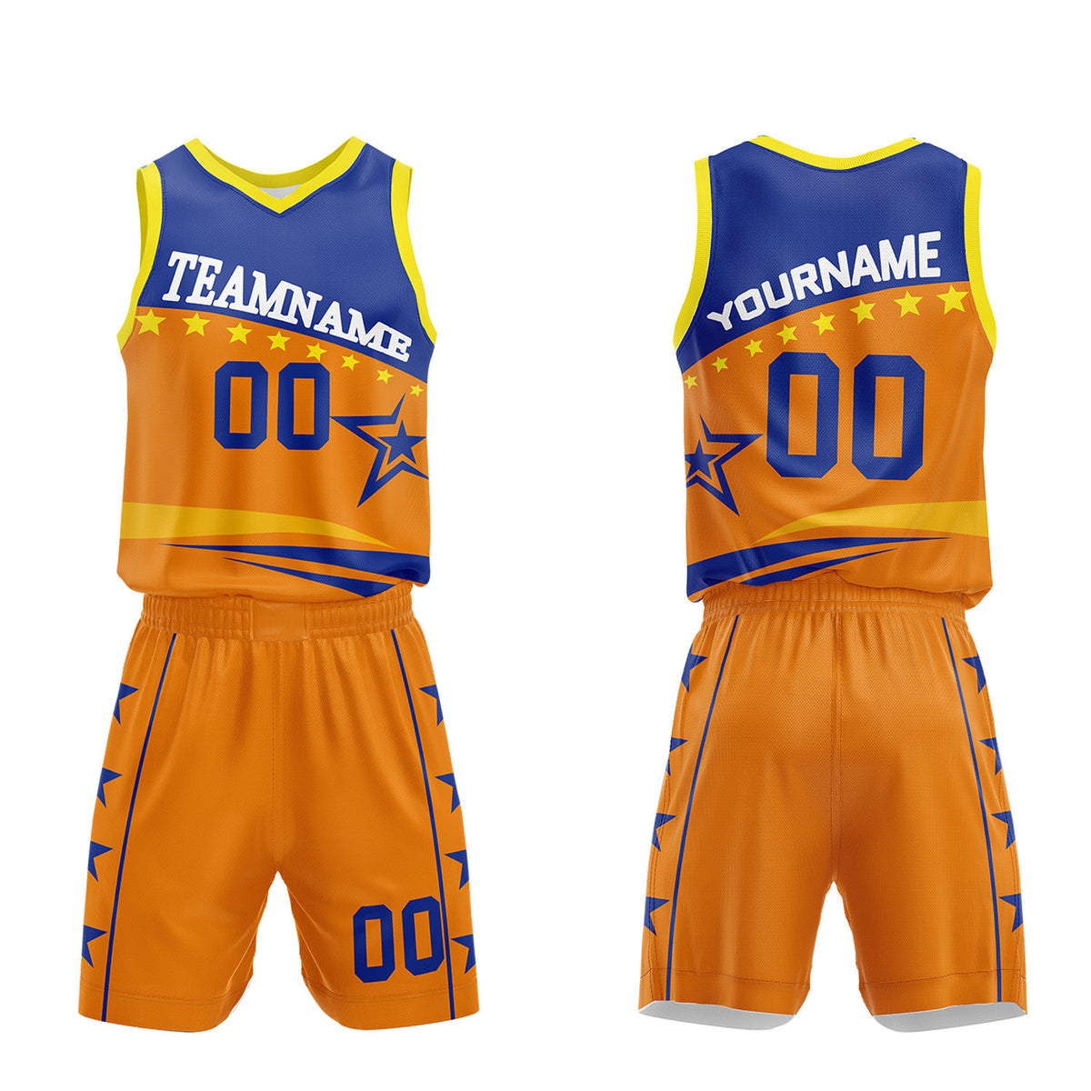 Custom youth basketball uniforms set, orange blue star sublimated jersey and shorts with personalized team name, player number and logo, breathable quick dry mesh for kids games.