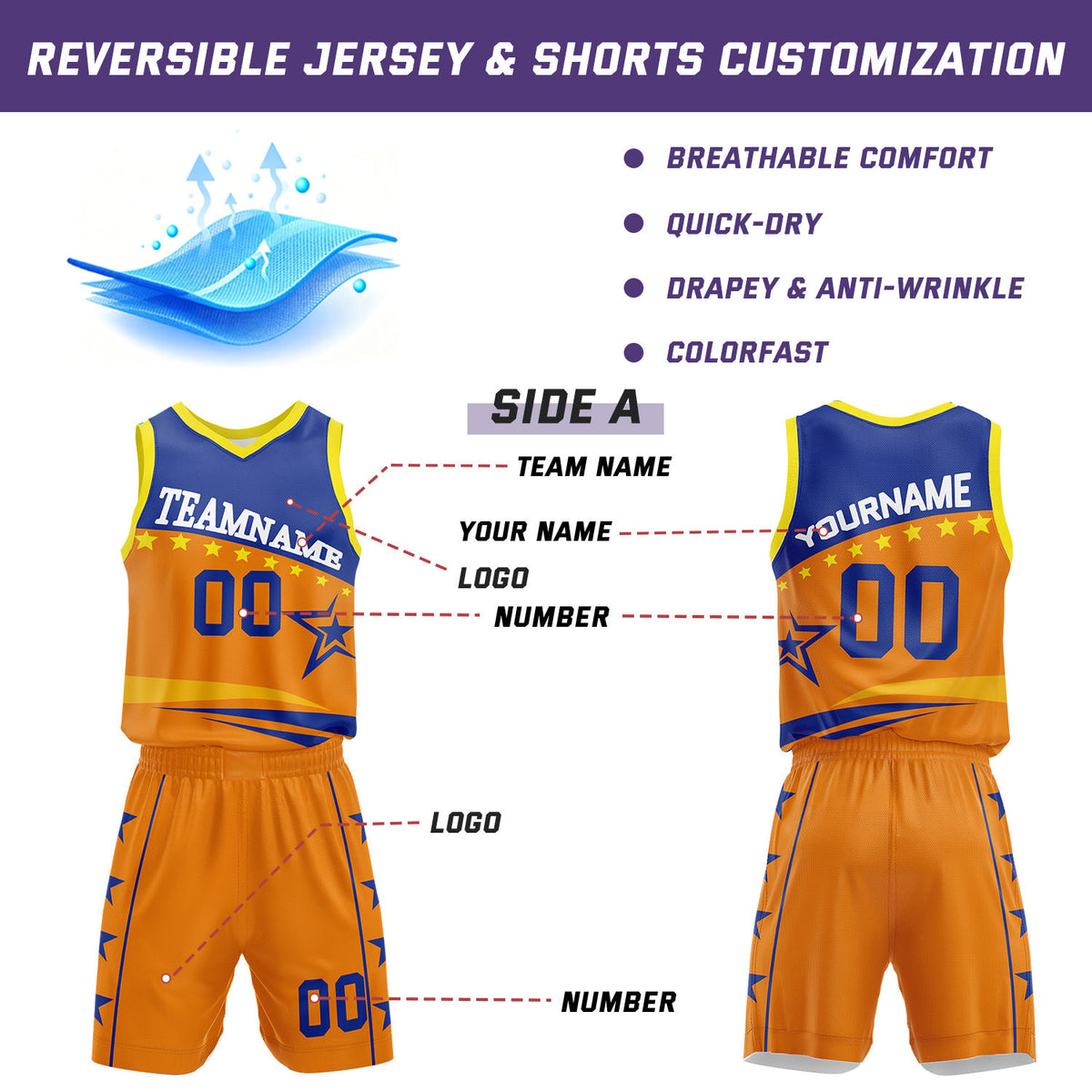Custom Basketball Jerseys and Shorts Set | Orange Blue Star V-Neck Sublimated Team Uniform