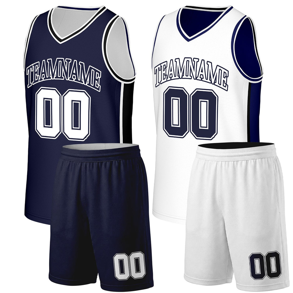 Custom youth basketball jersey sets navy white reversible by Vosoli. Personalized team name, number & logo. Breathable mesh. Fast delivery.