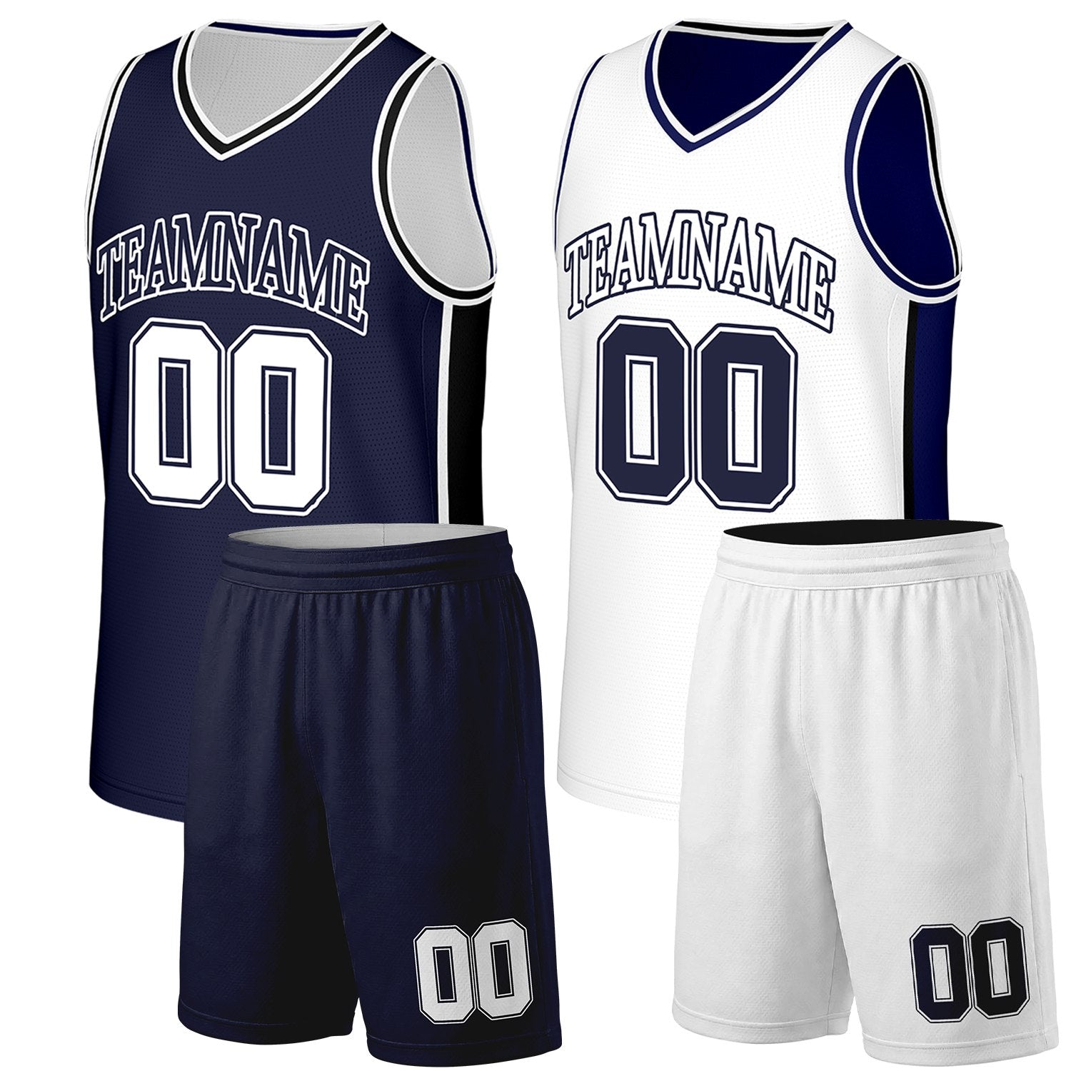 Custom youth basketball jersey sets navy white reversible by Vosoli. Personalized team name, number & logo. Breathable mesh. Fast delivery.