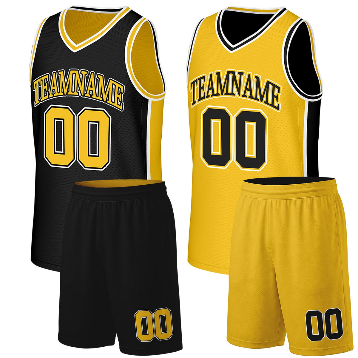 Custom youth basketball team uniforms black gold reversible by Vosoli. Personalized team name, number &amp; logo. Breathable mesh. Fast delivery.