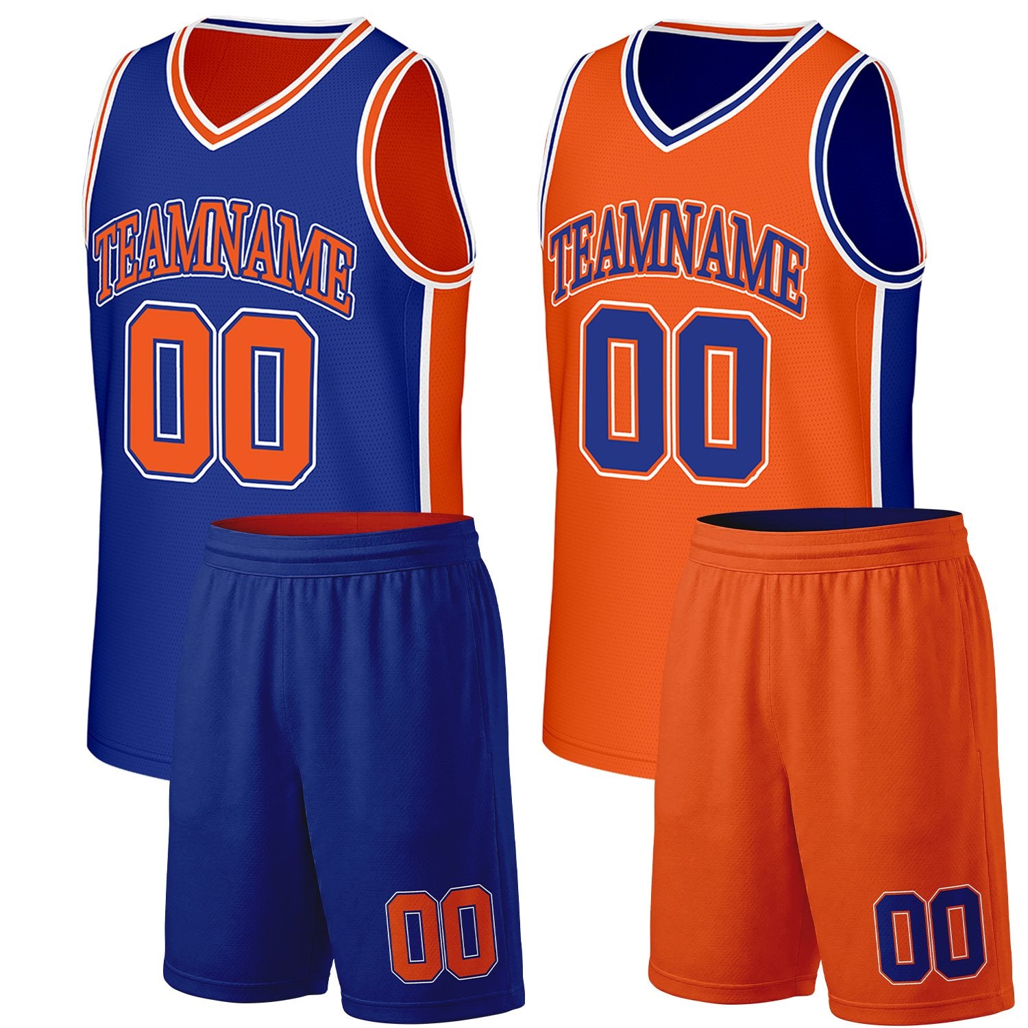 Custom youth basketball team uniforms royal blue orange reversible by Vosoli. Personalized team name, number & logo. Breathable mesh. Fast delivery.