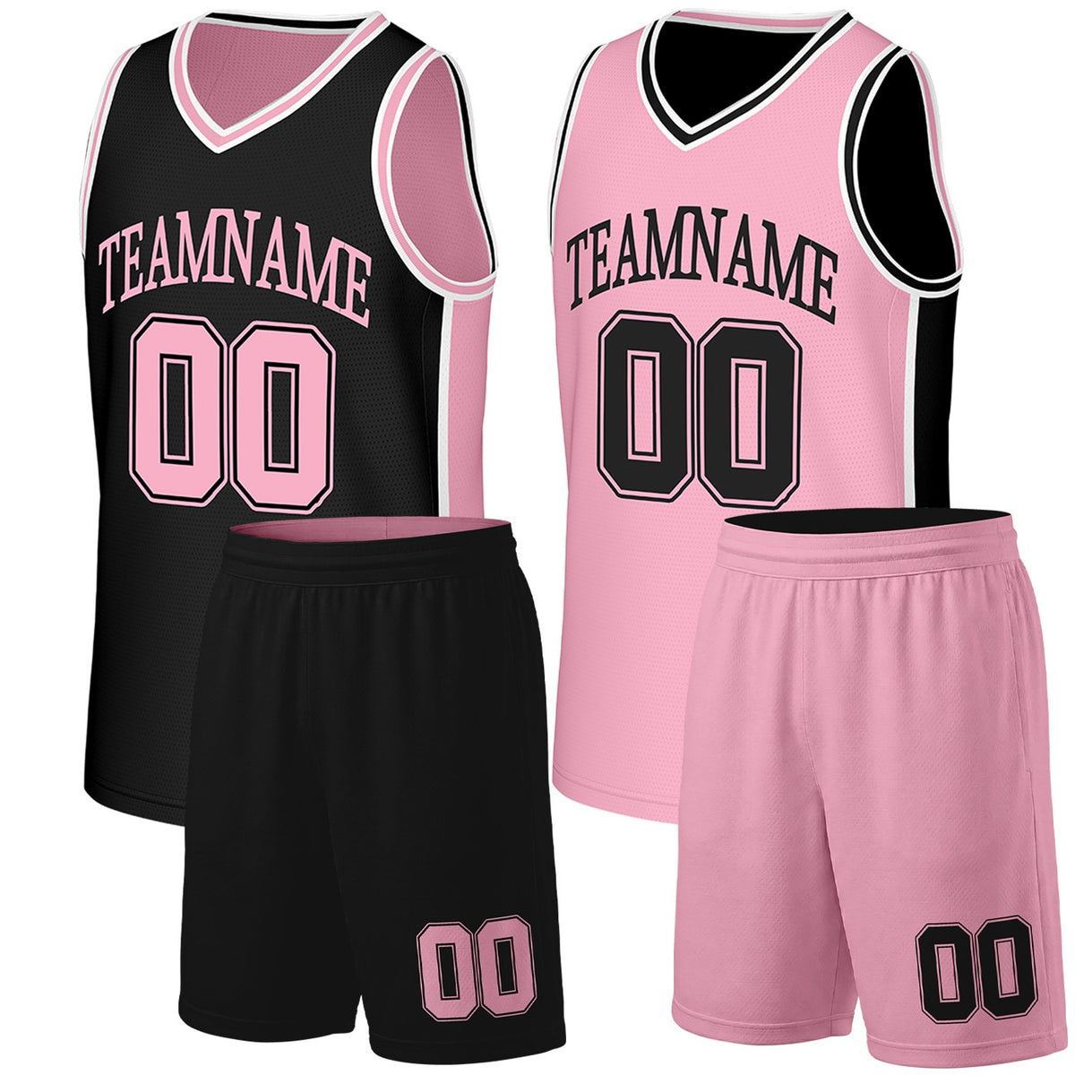Custom youth basketball uniforms black pink reversible by Vosoli. Personalized team name, number & logo. Breathable mesh. Fast delivery.