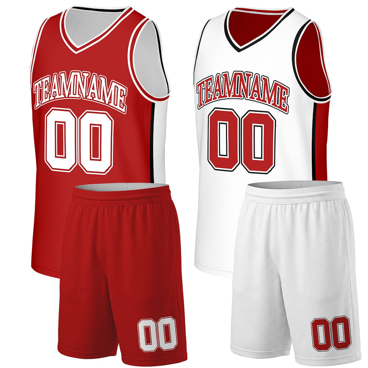 Custom youth basketball uniforms red white reversible by Vosoli. Personalized team name, number &amp; logo. Breathable mesh. Fast delivery.