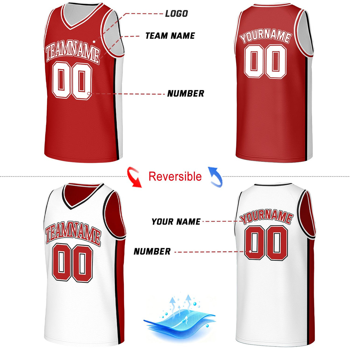 Custom Red & White Double Sided Basketball Uniform Set | Personalized Team Uniforms for Adult & Youth