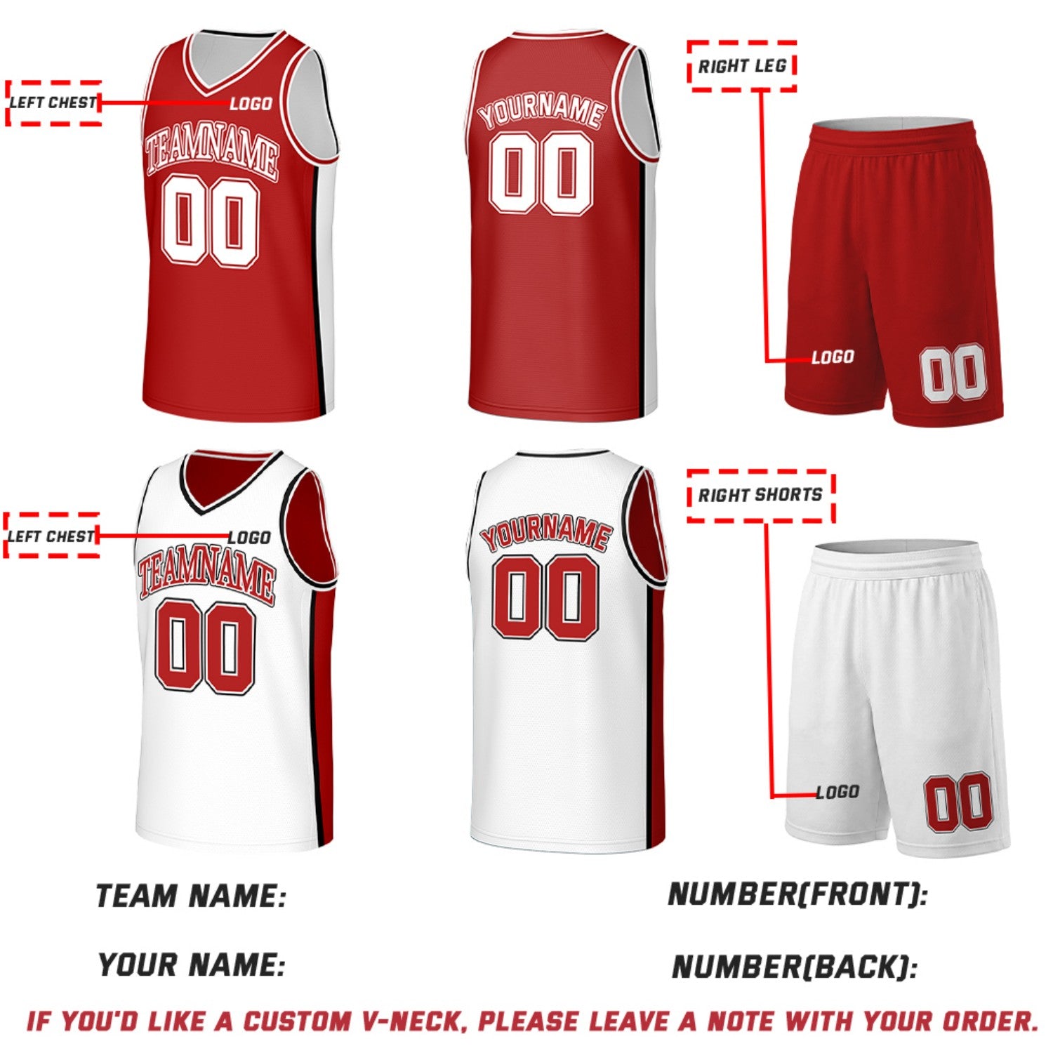 Custom Red & White Double Sided Basketball Uniform Set | Personalized Team Uniforms for Adult & Youth