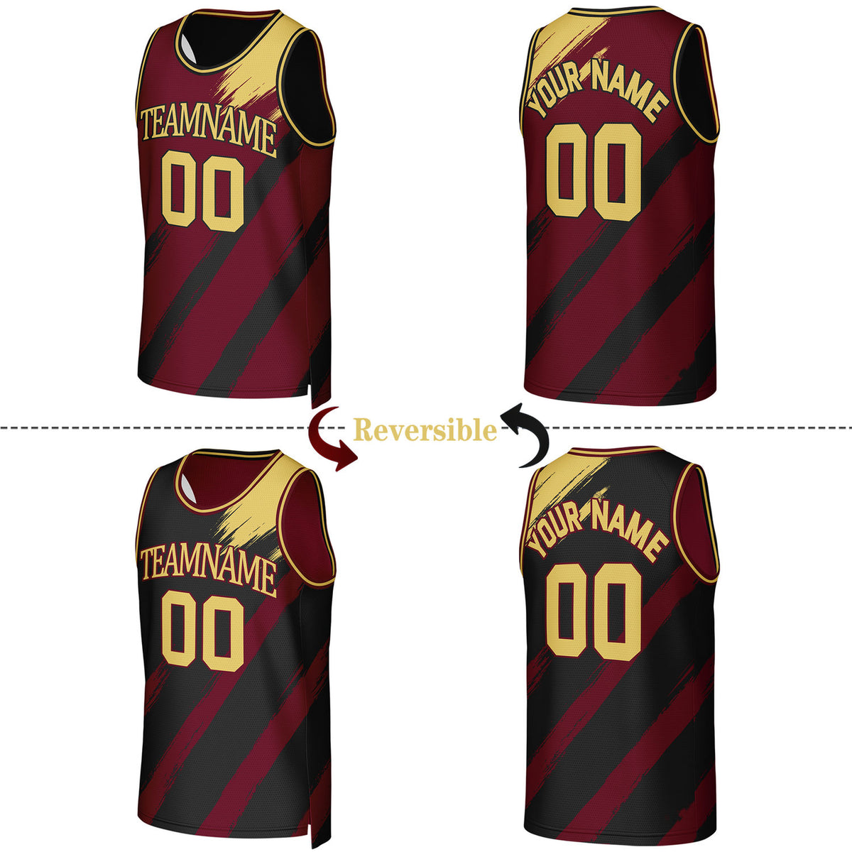 Custom Maroon & Gold Brush Stroke Reversible Basketball Jersey | Personalized Team Uniforms for Adult & Youth