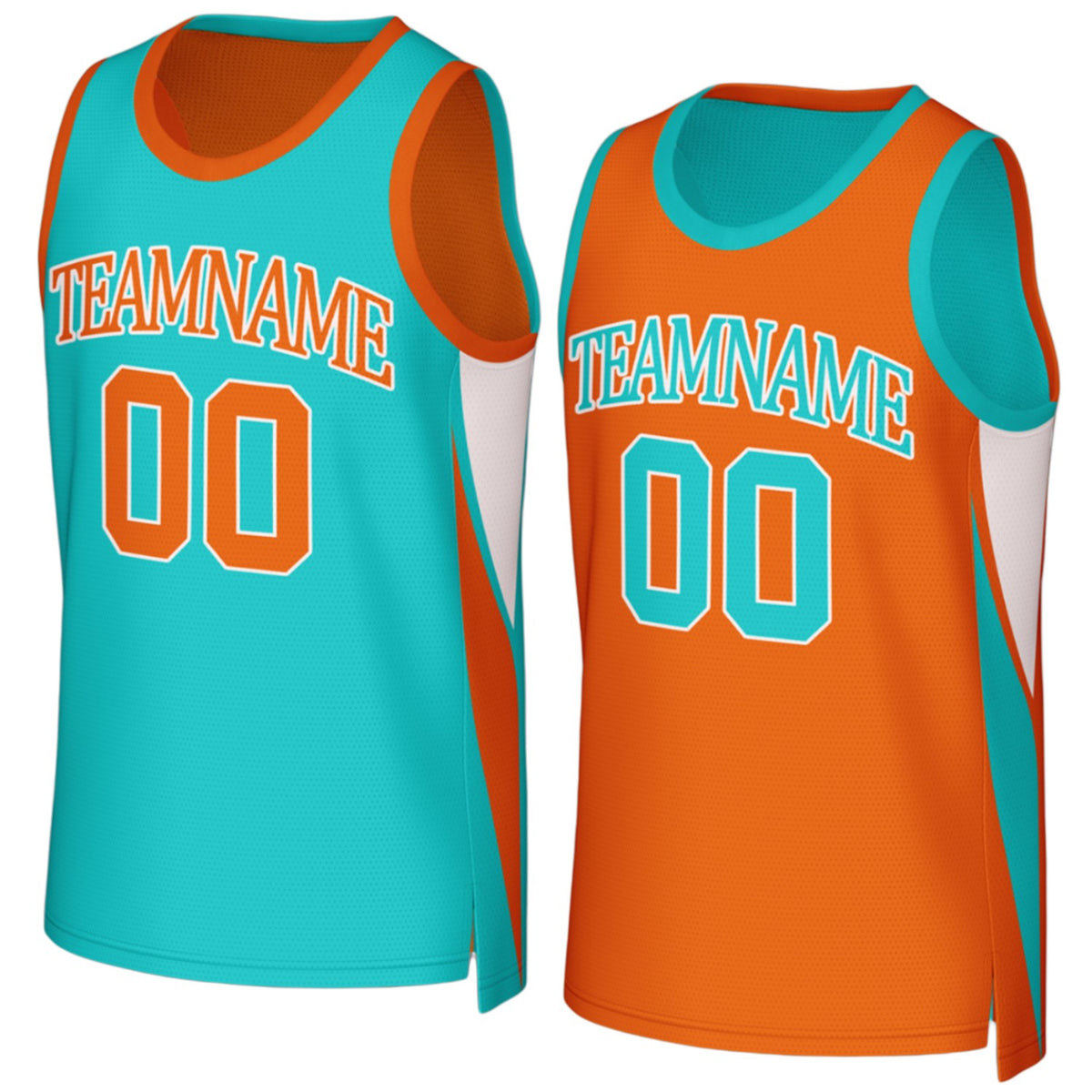 Custom youth team jerseys reversible turquoise‑orange jersey by Vosoli, personalized team name, number & logo on both sides, breathable mesh 2‑in‑1 for youth, high school and AAU teams