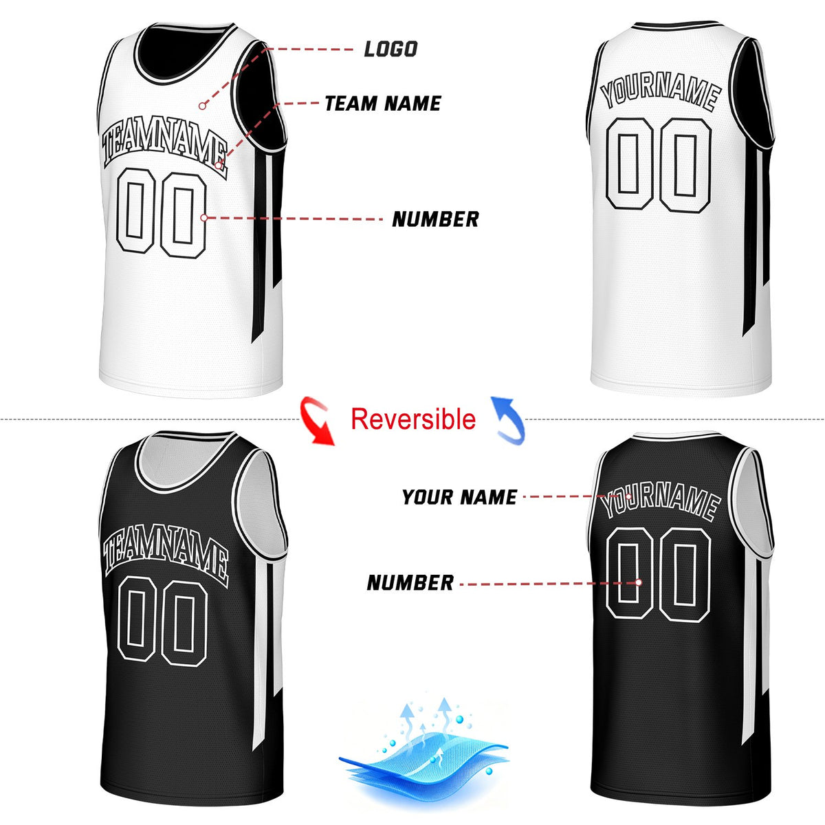 Custom Classic Reversible Basketball Jersey White & Black Mesh Team Uniform for Adult Youth