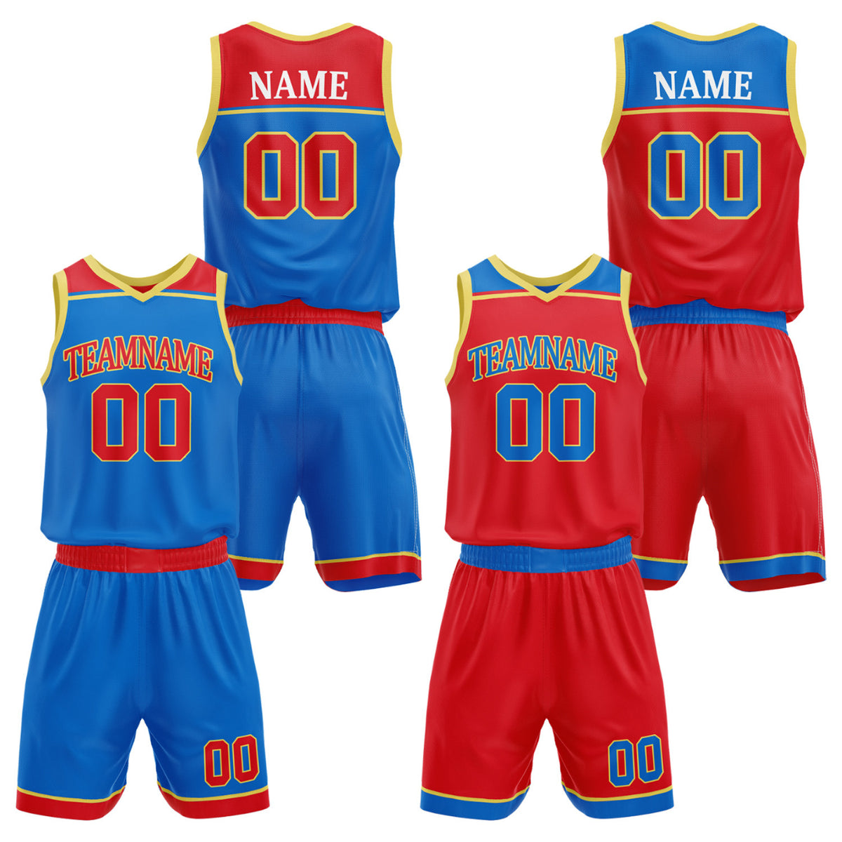 Custom youth travel basketball uniforms royal blue red by Vosoli. Personalized team name, player name, number &amp; logo. Breathable mesh. Fast delivery.