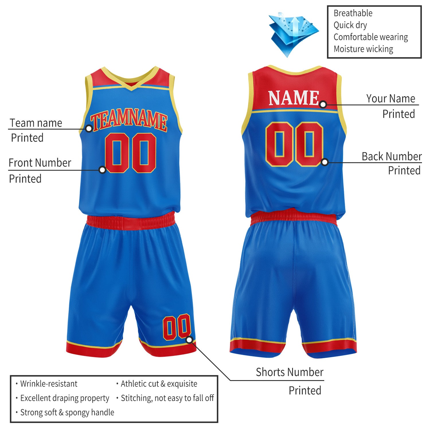 Custom Royal Blue & Red Double Sided Basketball Jersey Set | Wholesale Team Uniform