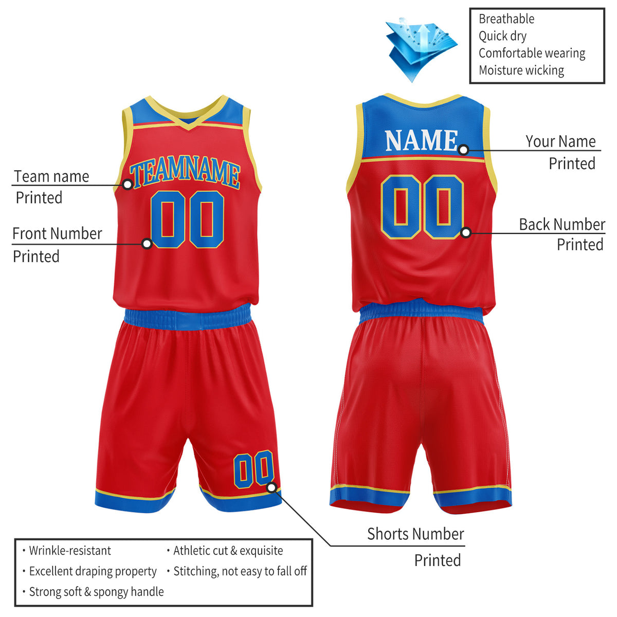 Custom Royal Blue & Red Double Sided Basketball Jersey Set | Wholesale Team Uniform