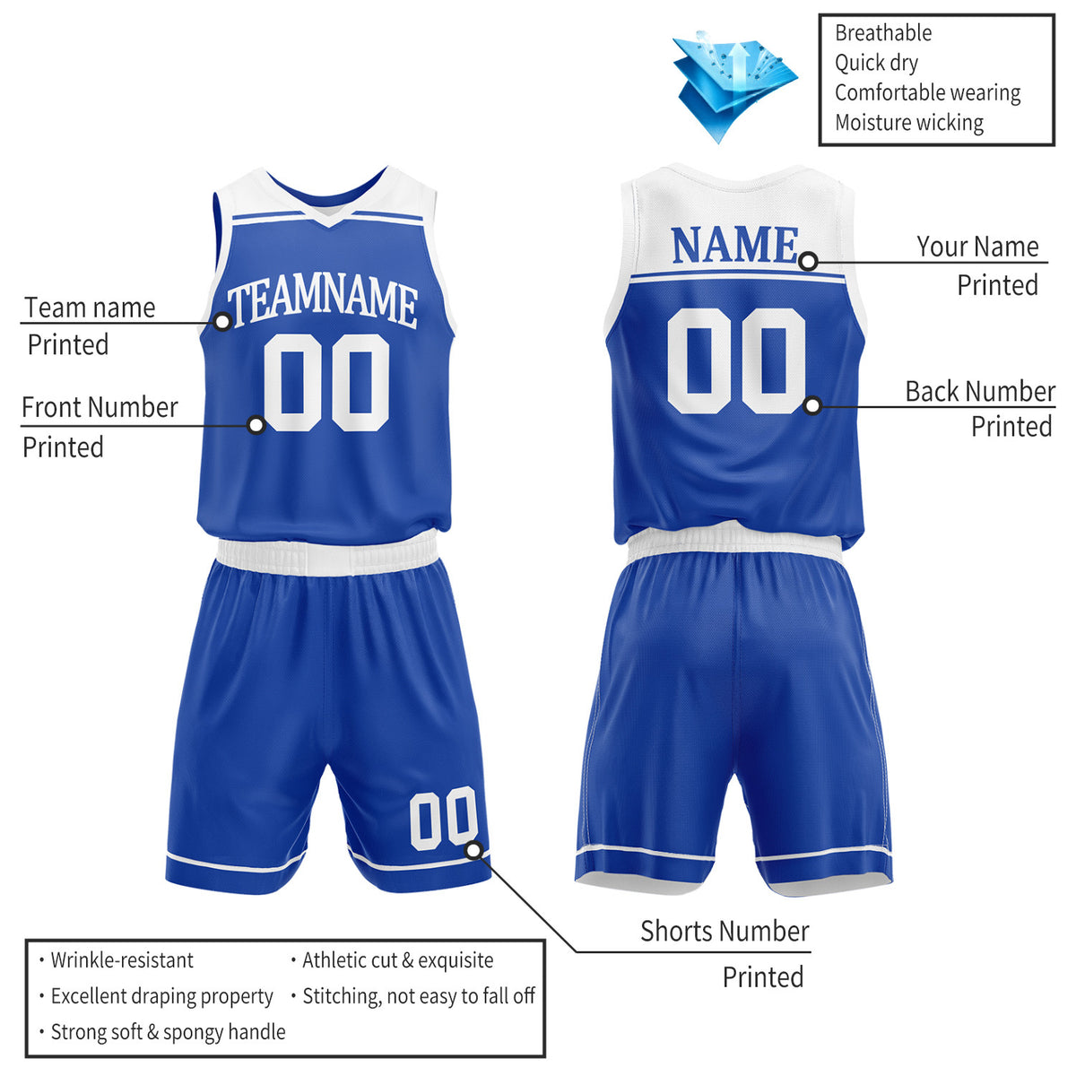 Custom Royal Blue & White Double Sided Basketball Jersey Set | Wholesale Team Uniform