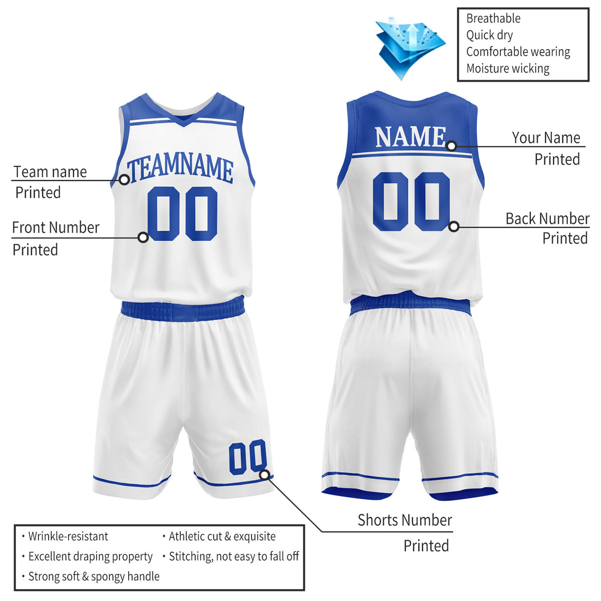 Custom Royal Blue & White Double Sided Basketball Jersey Set | Wholesale Team Uniform