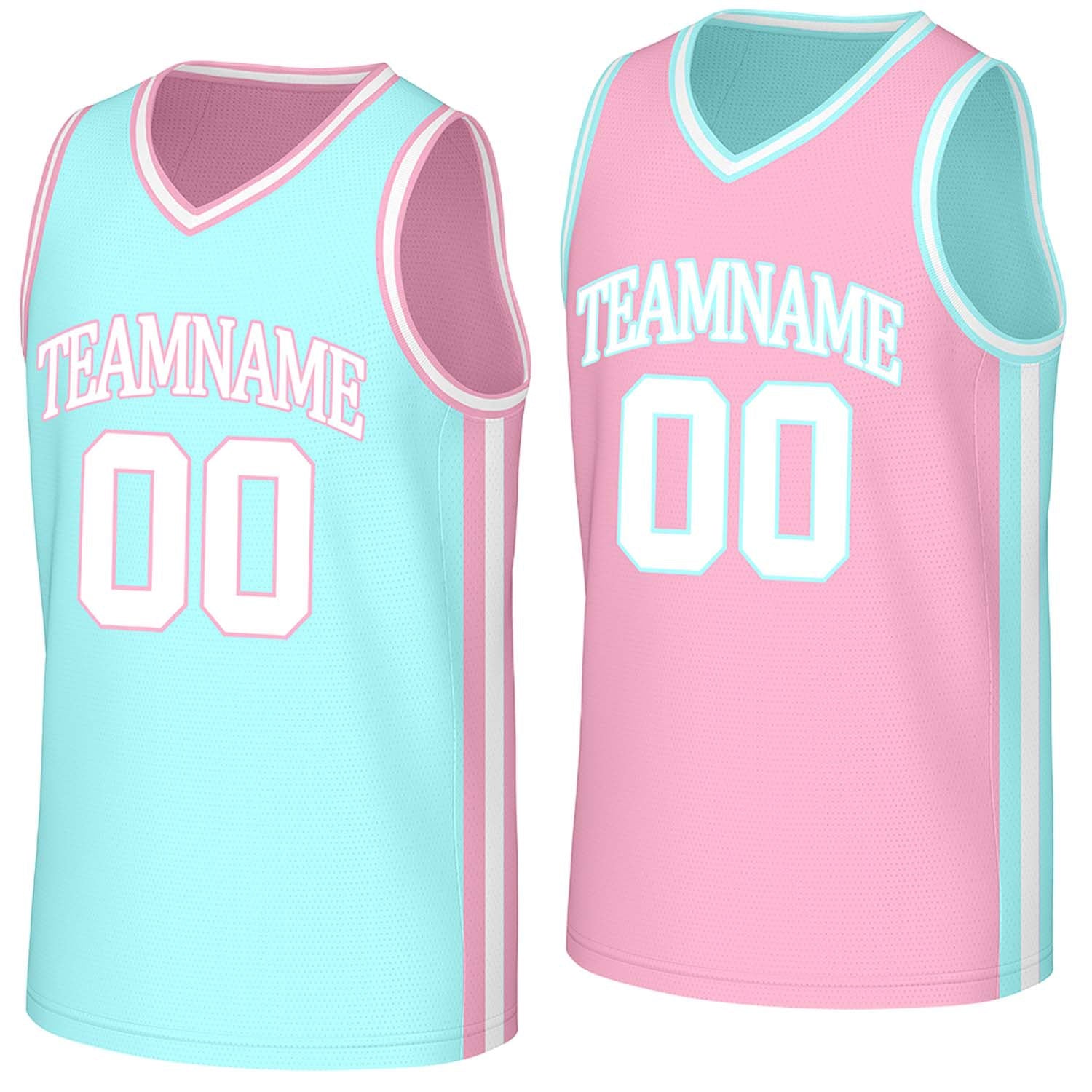 Custom baby blue & pink reversible basketball jersey by Vosoli | Personalized team name, number & logo | Breathable mesh reversible sport jersey
