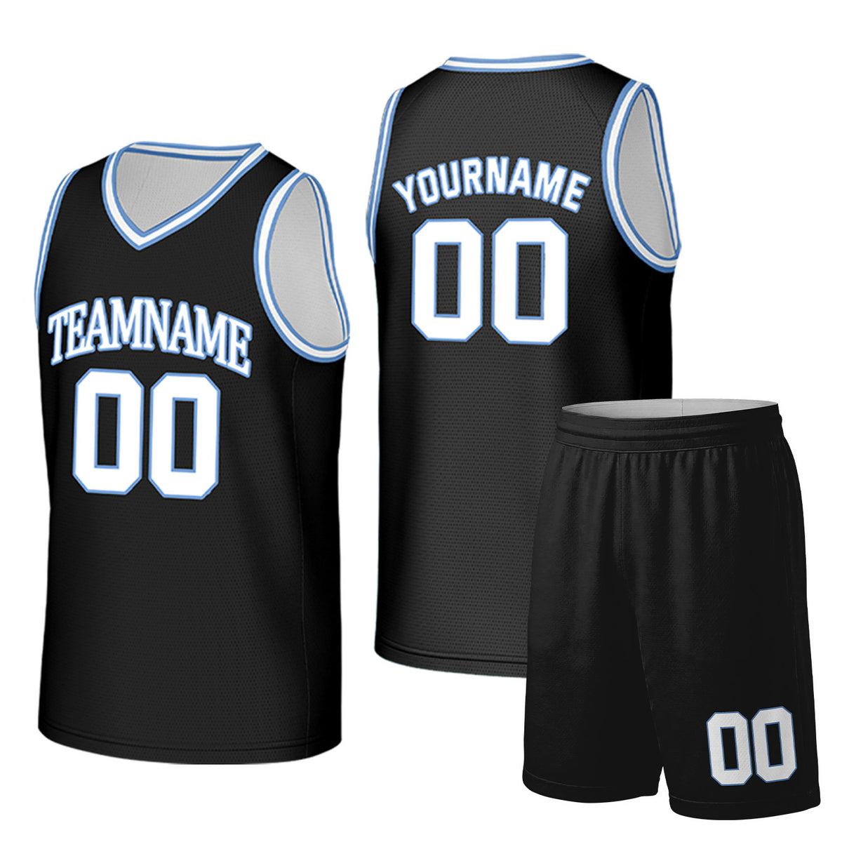 Custom black basketball uniform set with light blue and white trim by Vosoli. Personalized team name, player name, number and logo. Breathable mesh jersey and shorts for high school, college and AAU teams.