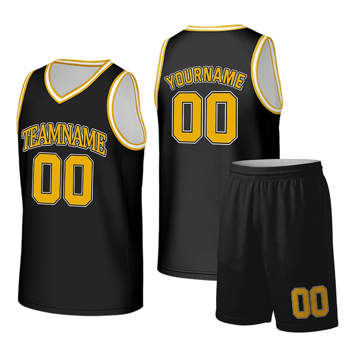 Custom black and gold basketball uniform set by Vosoli. Personalized team name, player name, number and logo. Breathable mesh jersey and shorts for high school, college and AAU teams.
