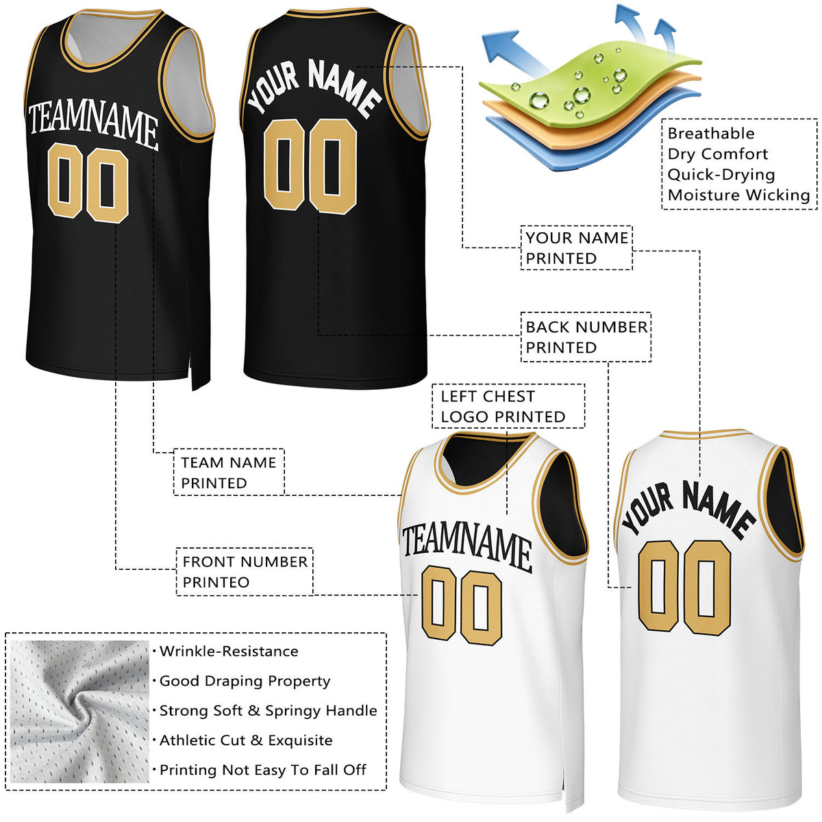 Custom Black & Gold Reversible Basketball Jersey | Personalized Team Uniform Top