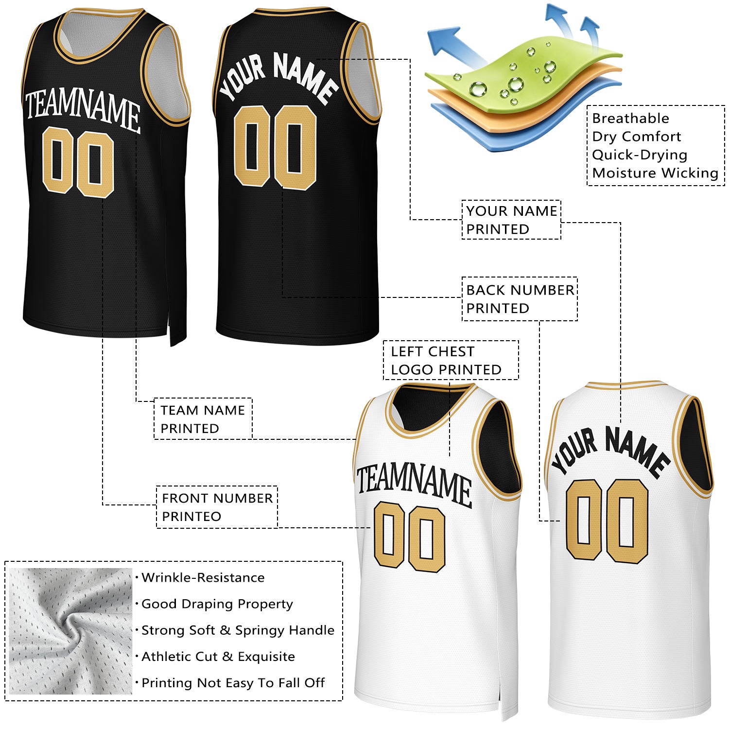 Custom Black & Gold Reversible Basketball Jersey | Personalized Team Uniform Top
