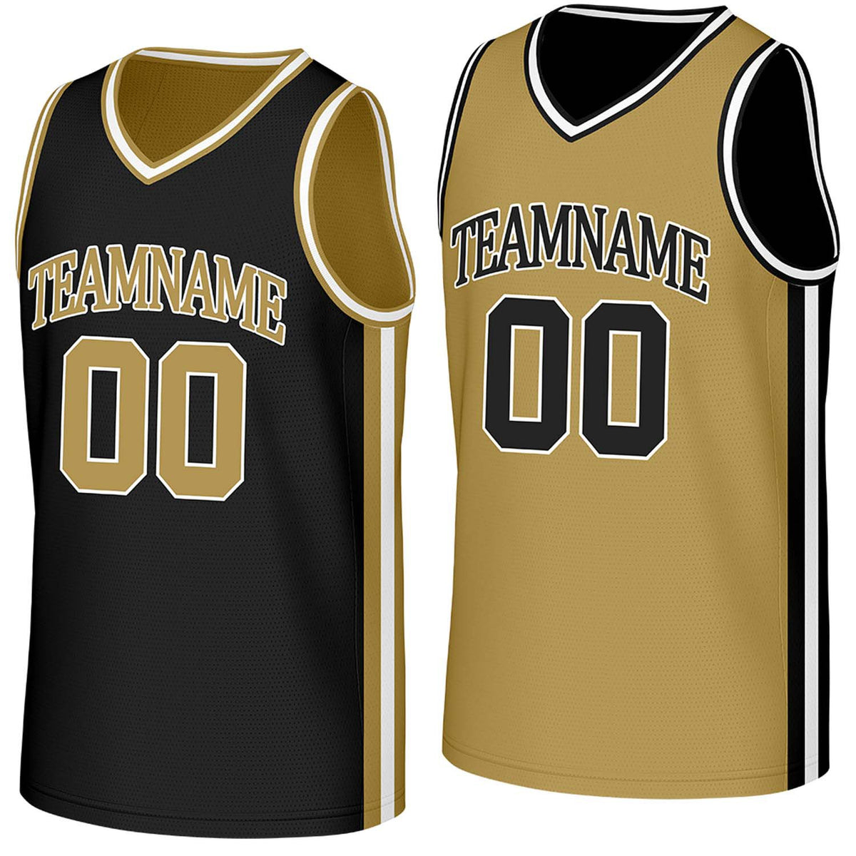 Custom black &amp; gold reversible basketball jersey by Vosoli | Personalized team name, number &amp; logo | Breathable mesh reversible sport jersey