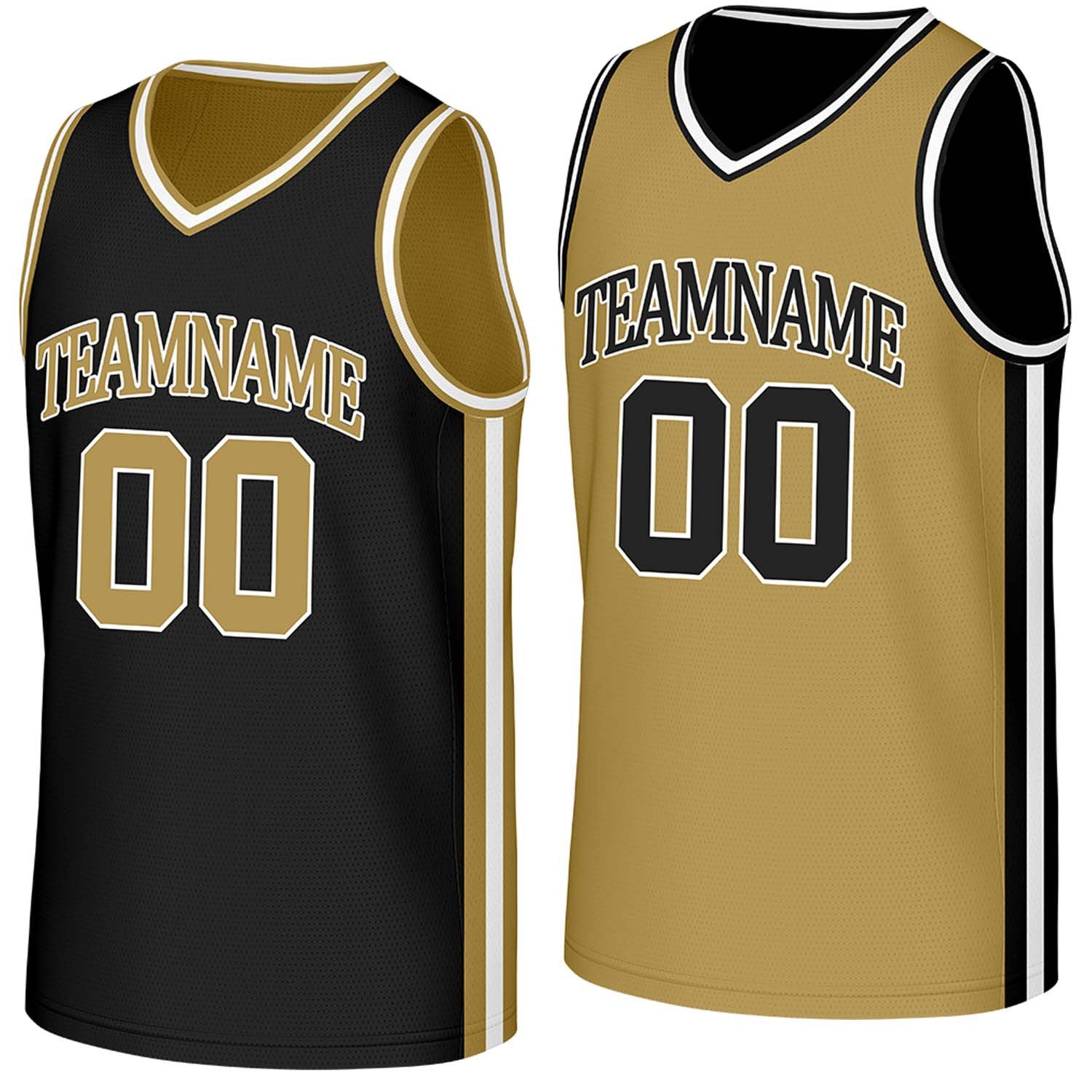 Custom black & gold reversible basketball jersey by Vosoli | Personalized team name, number & logo | Breathable mesh reversible sport jersey