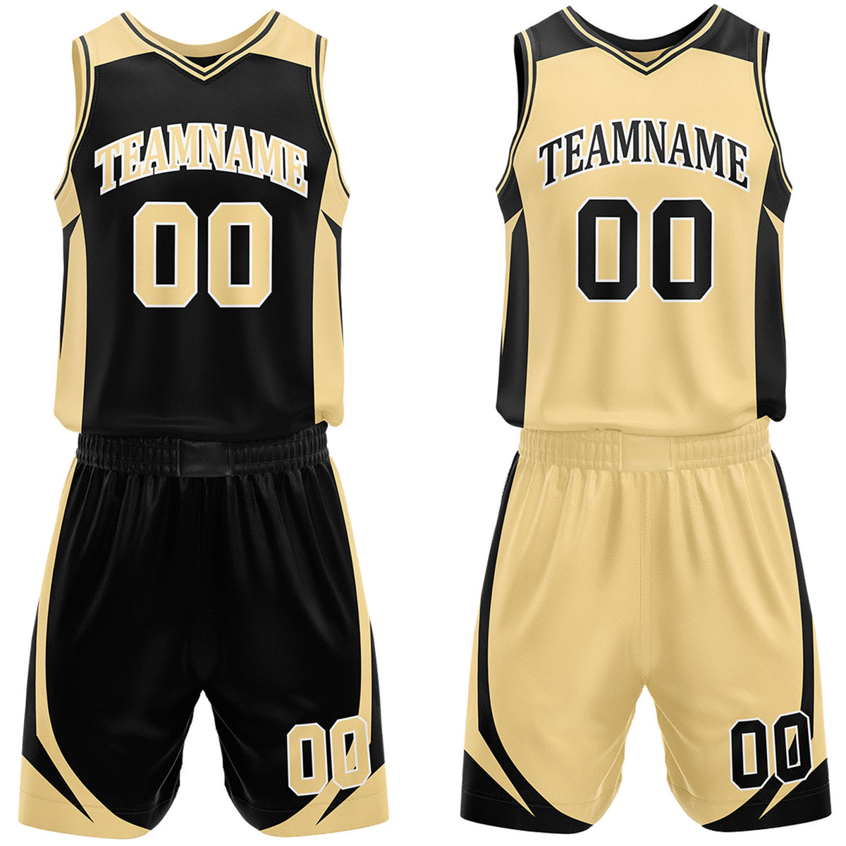 Custom black and gold reversible basketball uniform by Vosoli. Personalized with team name, number, and logo. Breathable mesh jersey and shorts for high school, college, and AAU teams.