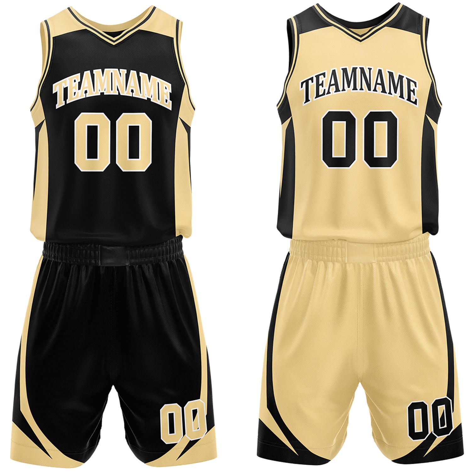 Custom black and gold reversible basketball uniform by Vosoli. Personalized with team name, number, and logo. Breathable mesh jersey and shorts for high school, college, and AAU teams.